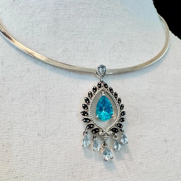 Swiss Blue Topaz|Aquamarine|Onyx Chandelier Sterling Silver Pendant - Picture 2 of 13